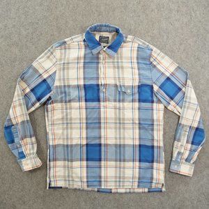 J Crew Shirt Mens Medium Blue Beige Plaid 1/4 Button Up Long Sleeve Flannel